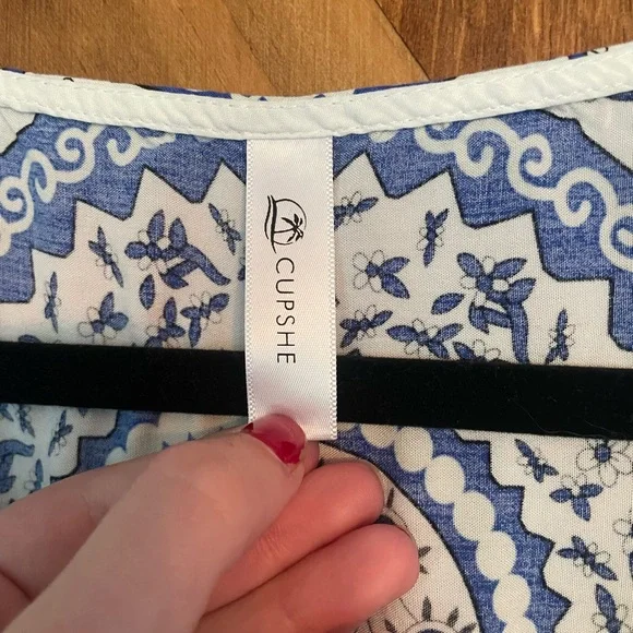 Cupshe Women’s Maxi Swim Cover Up Boho Print Bat Sleeve‎ Blue/White - Picture 3 of 8